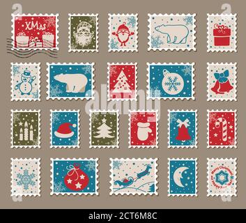 Christmas postage stamps with Santa Claus, Snowman. Vector illustration Stock Vector