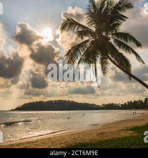 Mirissa Beach at sunset, sunstar behind a palm tree on the South Coast of Sri Lanka, Southern Province, Asia Stock Photo