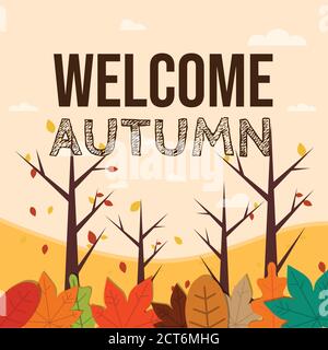 Welcome autumn vector background.Autumn season maple and oak leaves with greeting text in empty space background Stock Vector