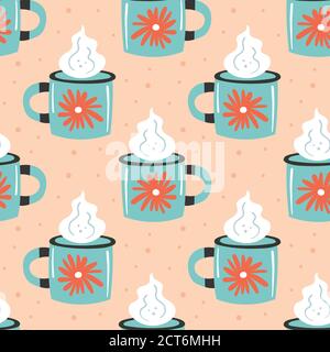 Light blue cup with steam seamless pattern, texture, background. Hot drink. Autumn illustration, element. Vector. Stock Vector