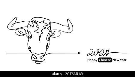 Simple 2021 Happy Chinese New Year vector banner, background. Concept with white ox, cow, bull mug or face. One continuous line drawing Stock Vector