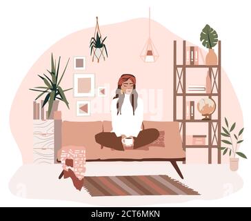 Stylish Scandic living room interior - sofa, armchair, coffee table, plants in pots, lamp, home decorations. Cozy Autumn seasone. Modern comfy apartme Stock Vector