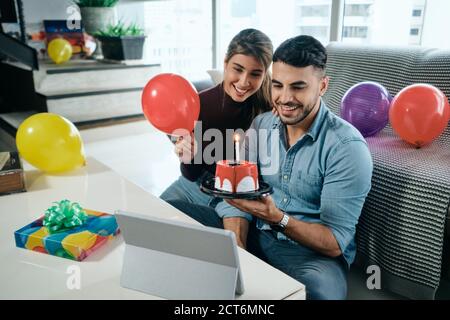 Happy People Celebrating Birthday Party Doing Video Call Stock Photo