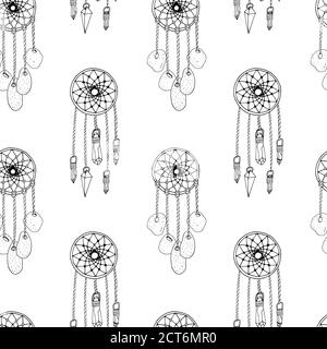 Monochrome seamless pattern with hand drawn dreamcatchers on white background. Vector Stock Vector