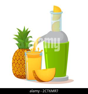 Preparing juice from fruits.Electric juicer. Pineapple fresh juice. Stock Vector