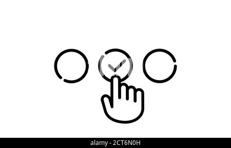 Choose the correct answer icon. Hand cursor with check mark. Vector on isolated white background. EPS 10. Stock Vector