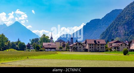 Panorama of Old City of Interlaken, important tourist center in the Bernese Highlands, Switzerland Stock Photo