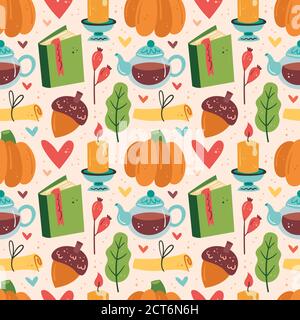 Autumn elements seamless pattern, texture, background. Pumpkin, acorn, candle, kettle, book, berries, leaf, message. Stock Vector