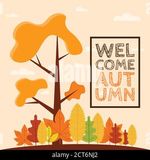 Welcome autumn vector background.Autumn season maple and oak leaves with greeting text in empty space background Stock Vector