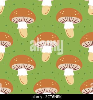 Autumn elements seamless pattern, texture. Mushroom on green background. Vegetable. Thanksgiving. Stock Vector