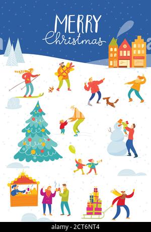 Merry Christmas card with people doing winter activities. Stock Vector