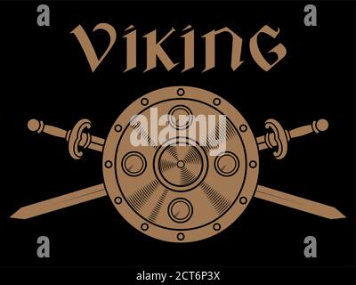 Old Norse, Viking design. Two crossed battle Viking swords, and viking shield Stock Vector