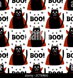 Cute cartoon cat wear vampire costume with fangs, horns and red cloak. Doodle cross elements and boo word. Halloween seamless pattern. Isolated on a Stock Vector