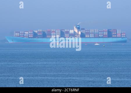 Sheerness, Kent, UK. 21st September, 2020. The world's largest container ship HMM Algeciras (400x61m) was seen passing another almost equally huge vessel the Eleonora Maersk (398.9 x 56.55m) in the Thames this afternoon from Sheerness in Kent.  Credit: James Bell/Alamy Live News Stock Photo