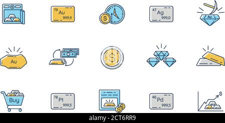 Precious metals and investment RGB color icons set Stock Vector
