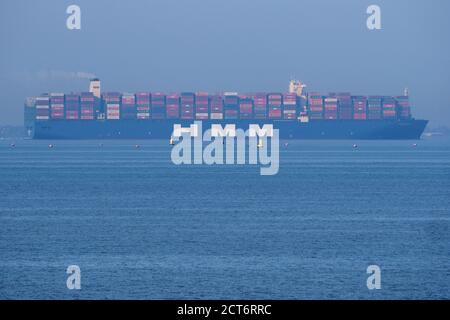 Sheerness, Kent, UK. 21st September, 2020. The world's largest container ship HMM Algeciras (400x61m) was seen passing another almost equally huge vessel the Eleonora Maersk (398.9 x 56.55m) in the Thames this afternoon from Sheerness in Kent.  Credit: James Bell/Alamy Live News Stock Photo