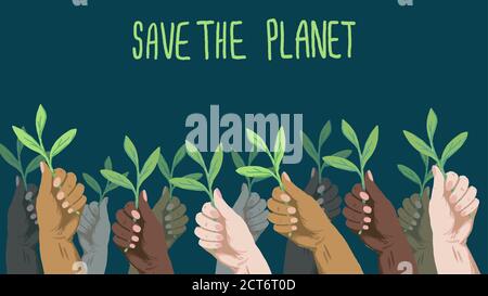 Earth day poster with copy space on blue backdrop. Green sprigs in arms for invitation or gift card, propaganda or social banner, eco flyer, cloth pri Stock Vector