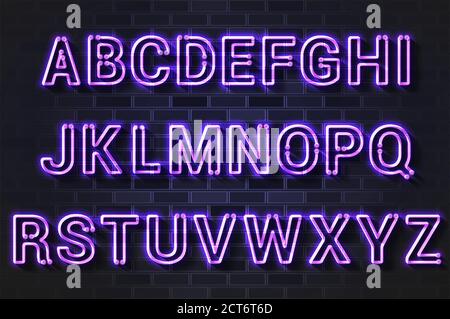 Glowing purple neon lamp alphabet on a black brick wall Stock Vector