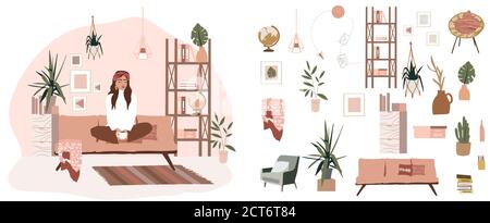 Stylish Scandic living room interior - sofa, armchair, coffee table, plants in pots, lamp, home decorations. Cozy Autumn seasone. Modern comfy apartme Stock Vector