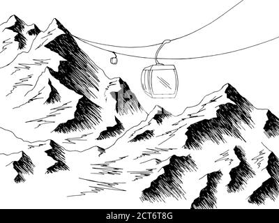 Cable car graphic mountain black white landscape sketch illustration vector Stock Vector