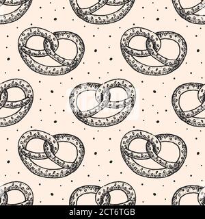 Pretzel. Snack, fast food. Oktoberfest monochrome seamless pattern, texture, background. German tradition. Bavaria. Bar, pub. Vector. Stock Vector