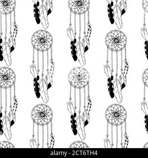 Monochrome seamless pattern with hand drawn dreamcatchers on white background. Vector Stock Vector