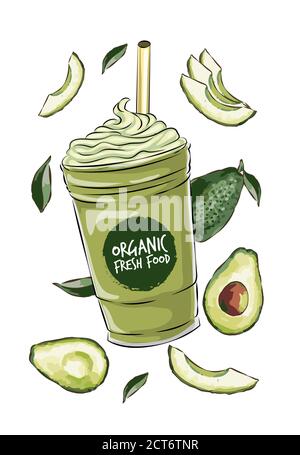 Vector illustration of vegan detox smoothie. Hand drawn recipe of healthy drink made of avocado,Hand drawn smoothie recipe, Eco healthy ingredients ve Stock Vector