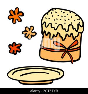 Holiday sticker set on white isolated backdrop. Easter cake for invitation or gift card, notebook, bath tile, postcard. Phone case or cloth print art. Stock Vector