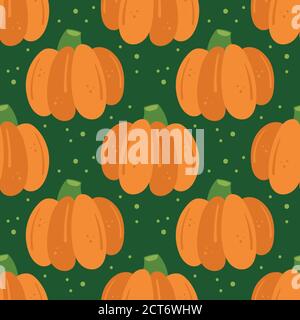 Autumn elements seamless pattern, texture. Pumpkin on green background. Vegetable. Thanksgiving. Stock Vector
