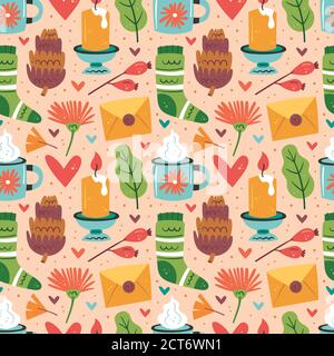 Autumn elements seamless pattern, texture, background. Letter, flower, sock, candle, leaf, cup, heart. Stock Vector