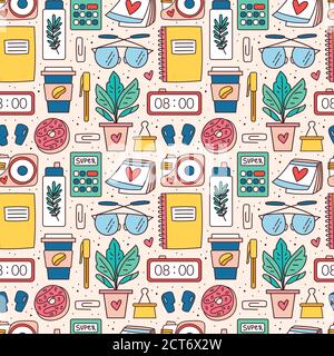 Office stationery. Seamless pattern, texture, background. Notebook, glasses, plant, pen, marker, calculator, clock, coffee, camera, accessory. Stock Vector
