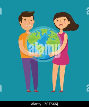 Environment protection, ecology concept. Children hold planet in their hands vector illustration Stock Vector