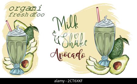 Vector illustration of vegan detox smoothie. Hand drawn recipe of healthy drink made of avocado,Hand drawn smoothie recipe, Eco healthy ingredients ve Stock Vector