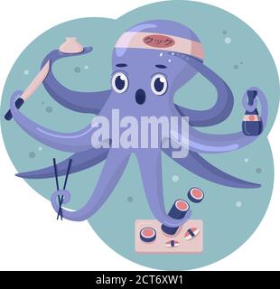Busy octopus chef making sushi with knife and soy sauce Stock Vector