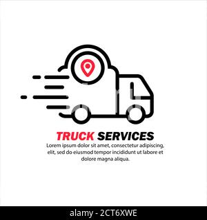 Truck delivery icon. Express relocation, transportation service. Location sign. Vector on isolated white background. EPS 10. Stock Vector