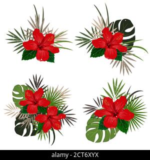 Set of vector bouquet compositions with red hibiscus flower and palm leaves, flat vector illustration. Tropical exotic Hawaii plants isolated on white Stock Vector