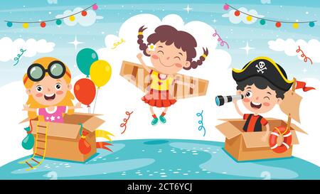 Happy Kids Playing With Cardboard Costumes Stock Vector