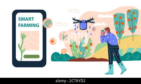 Smart farming technology and agricultural wireless system concept with farmer. Stock Vector