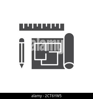 House plan black glyph icon. A set of construction or working drawings. Define all the specifications of a house. Pictogram for web page, mobile app Stock Vector