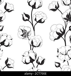 Seamless pattern with cotton bolls and branch. Cotton flowers and balls floral tile backdrop Stock Vector