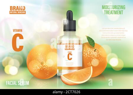 Luxury cosmetic poster ad. Realistic glass serum Bottle on bokeh background with vitamin C and orange. Face skin care banner. Realistic 3d Stock Vector