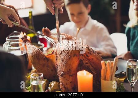 Cropped photo served table thanks giving holiday dinner garnished turkey cut down candle fire living room indoors Stock Photo