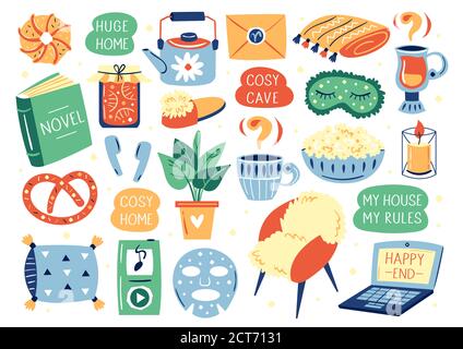 Set of different cute lifestyle items. My house my rules. Cosy home. Coronavirus pandemic self isolation, protection. Flat colourful vector. Stock Vector