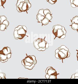 Seamless pattern with cotton bolls and branch. Cotton flowers and balls floral tile backdrop Stock Vector