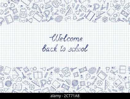 Back to School chalkboard wallpaper. Education drawn symbols pattern. School supplies icons doodle Learning subjects chalk drawn doodle icons backgrou Stock Vector