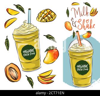 Homemade mango cocktail pouring into a takeaway cup with fresh fruits. Vector set of natural fresh mango juice in a glass and mango isolated on white Stock Vector