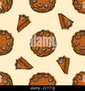 Seamless pattern with hand drawn colored pumpkin pie stock illustration Stock Vector