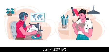 Set of people studying at home - women reading and listening online podcast. Stock Vector