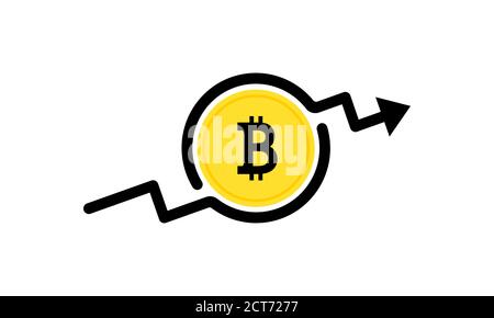 Bitcoin icon with uo arrow. Cryptocurrency. Banking. Vector on isolated white background. EPS 10. Stock Vector