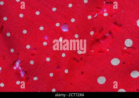 Moth holes in red with white polka dots fabric Stock Photo